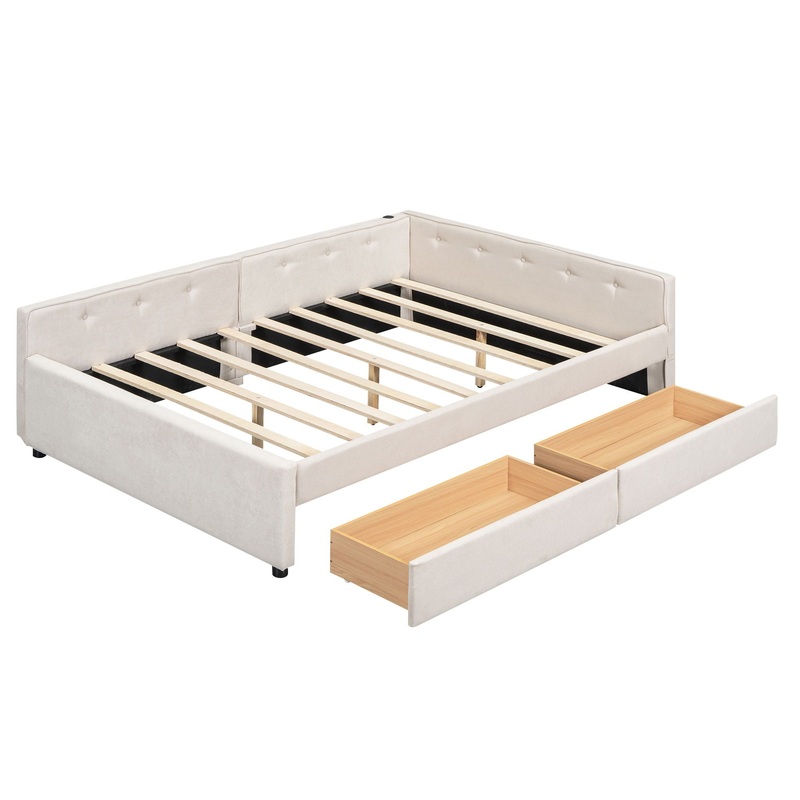 Full Size Upholstered Platform Bed With USB Ports And Storage Drawers – Beige
