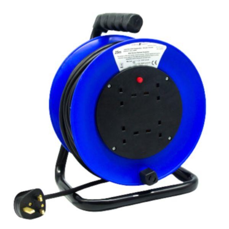 Rugged 25Mtr 13Amp 240Volt 4 Socket Cable Reel Green