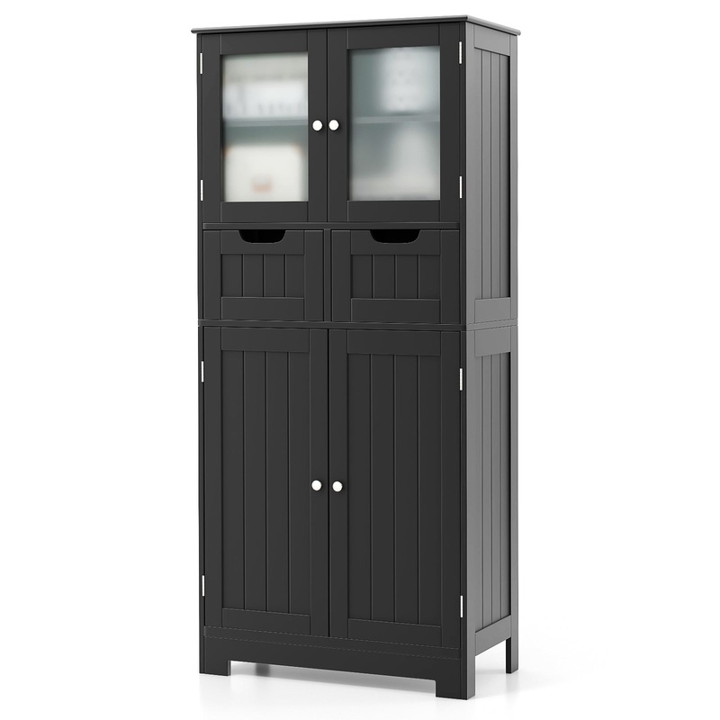 4 Door Freestanding Bathroom Floor Storage Cabinet with 2 Drawers and Glass Doors, Black