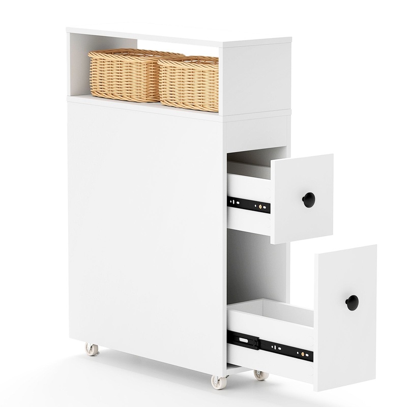 Slim Bathroom Cabinet Wooden Toilet Organizer with Deep Slide Out Drawers, White