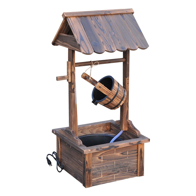 Wooden Well Wishing Fountain, Outdoor with Electric Pump, Water Bucket, Patio Garden, Carbonized