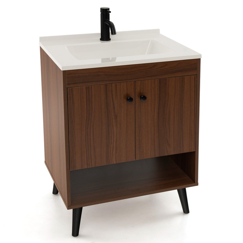 25 Inch Wooden Bathroom Storage Cabinet with Sink, Walnut