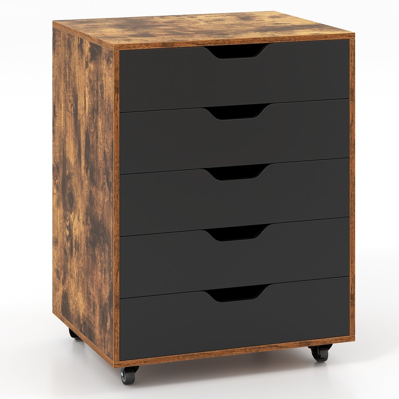 5 Drawer Mobile Lateral Filing Storage Home Office Floor Cabinet with Wheels, Rustic Brown
