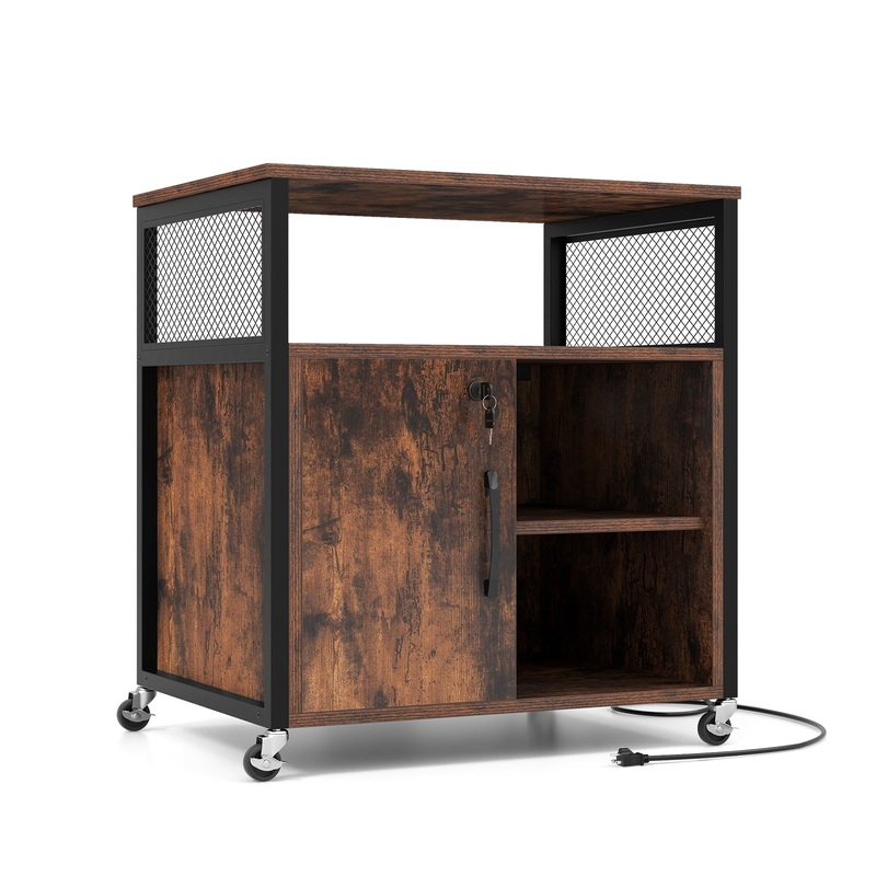 File Cabinet on Wheels with Charging Station and Cable Management Hole, Brown