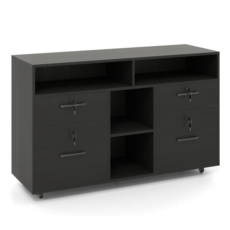 File Cabinet with Lock Mobile Lateral Filing Storage Organizer Modern Rolling Printer Stand, Black