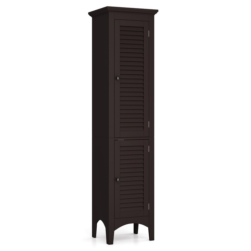 Tall Bathroom Floor Cabinet with Shutter Doors and Adjustable Shelf, Brown