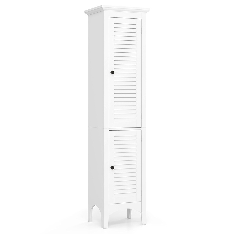 Tall Bathroom Floor Cabinet with Shutter Doors and Adjustable Shelf, White