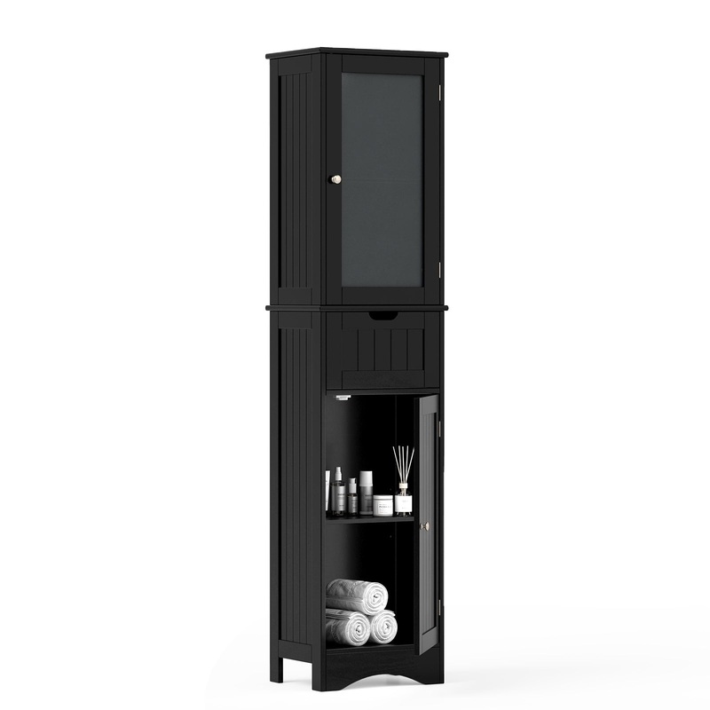 Tall Floor Storage Cabinet with 2 Doors and 1 Drawer for Bathroom, Black