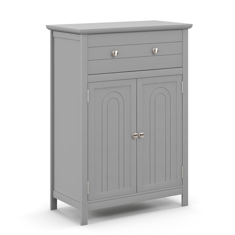 Wooden Bathroom Floor Cabinet with Drawer and Adjustable Shelf, Gray