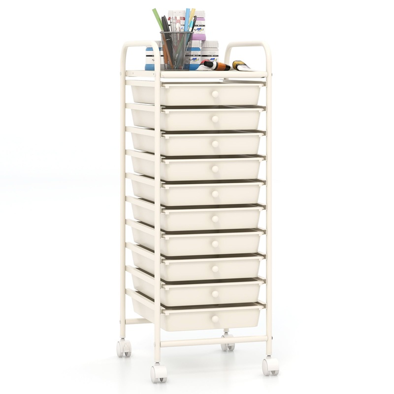 10 Drawer Rolling Storage Cart Organizer with 4 Universal Casters, White
