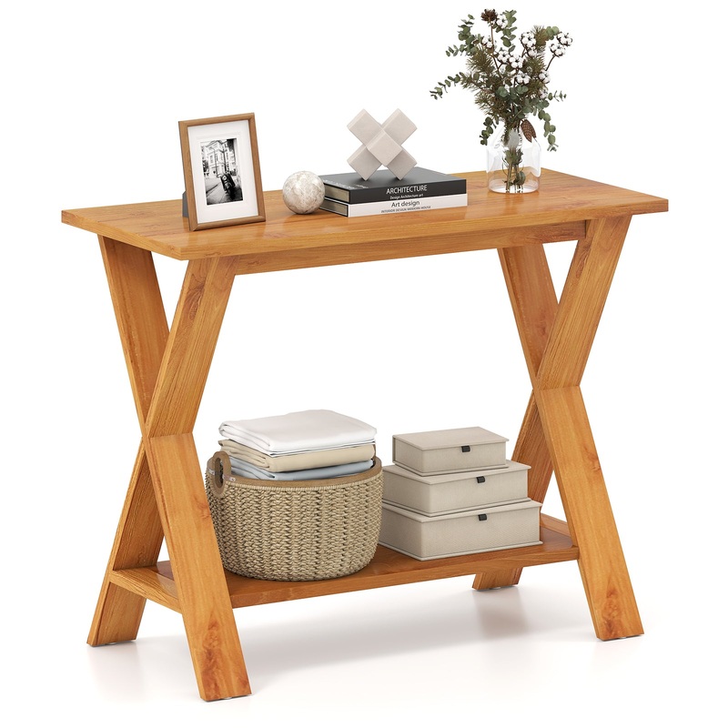 35 Inch Solid Teak Wood Console Table with Storage Shelf, Teak