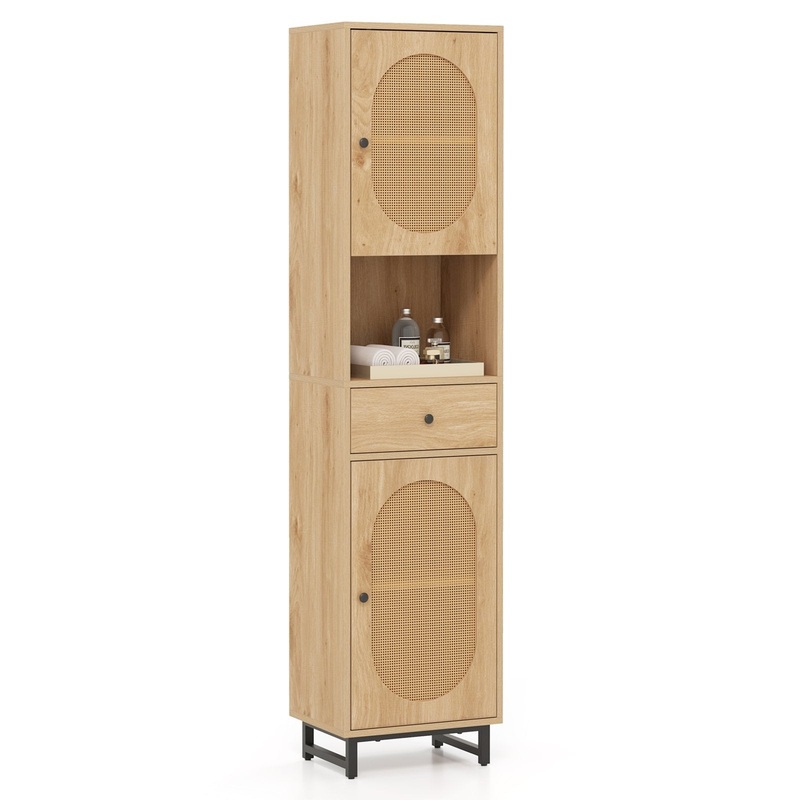 67 Inch Tall Bathroom Cabinet PE Rattan Floor Cabinet with 2 Doors, Natural