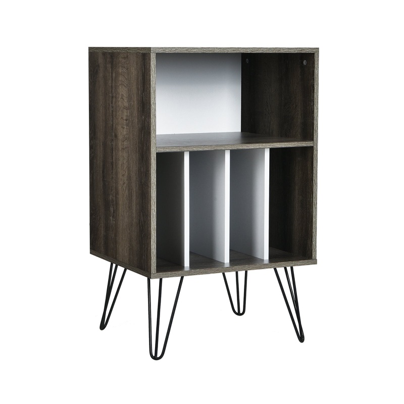 Freestanding Record Player Stand Record Storage Cabinet with Metal Legs, Gray