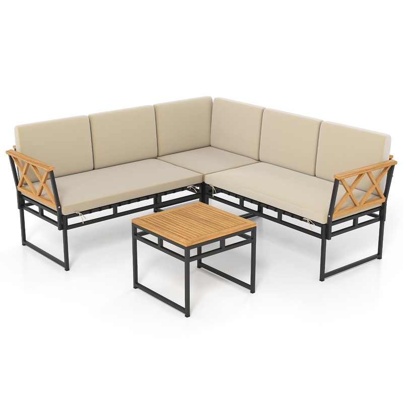 4 Pieces Patio L-Shaped Sofa Set with Cushions and Side Table, Brown