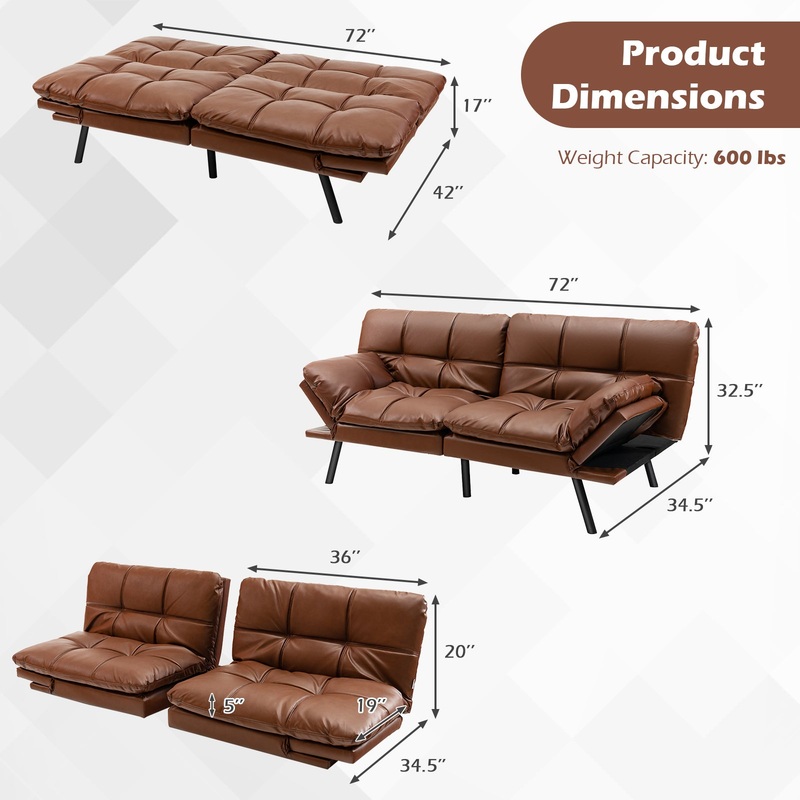 Convertible Memory Foam Futon Sofa Bed with Adjustable Armrest, Brown