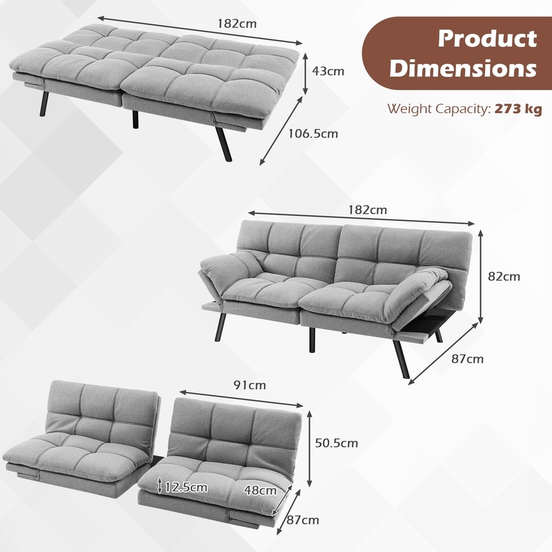 Convertible Memory Foam Futon Sofa Bed with Adjustable Armrest, Gray