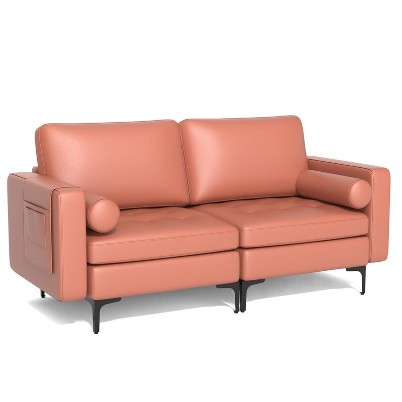 Modern Loveseat Sofa with 2 Bolsters and Side Storage Pocket, Pink