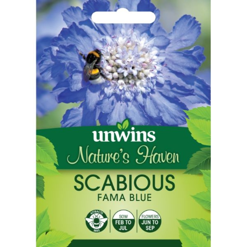 Unwins Seed Packet Natures Haven Scabious Fama Blue