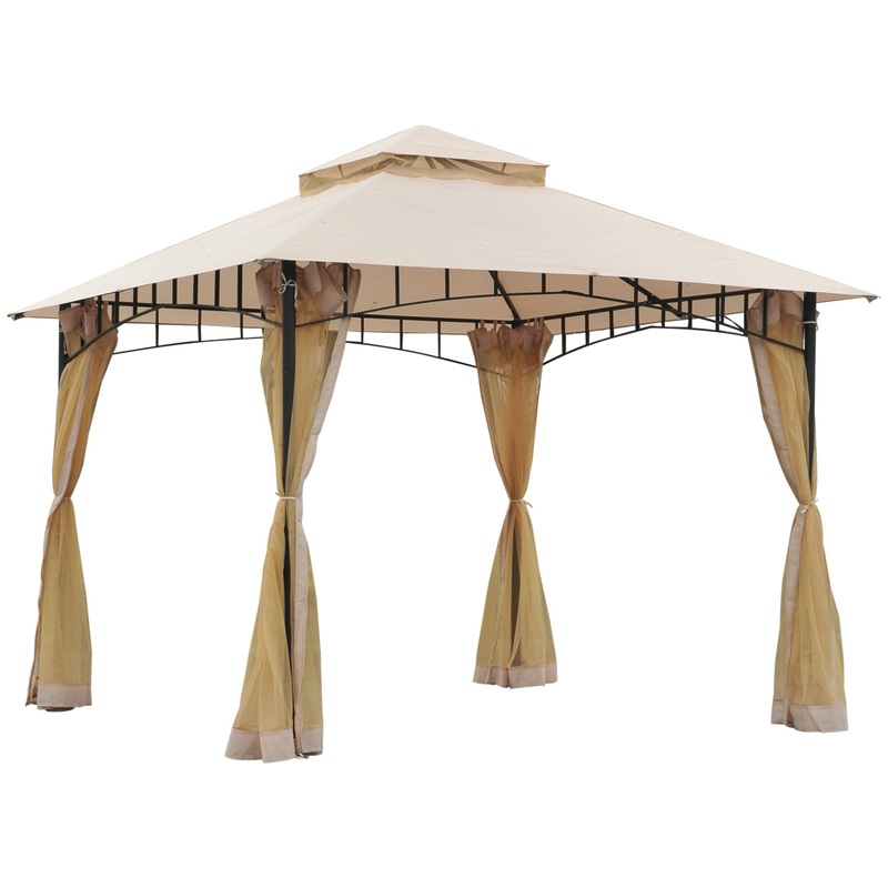10′ x 10′ Double Tier Garden Gazebo Canopy Outdoor Sunshade Tent Water-Resistant Anti-UV Roof with Metal Frame and Mesh Sidewalls, Beige