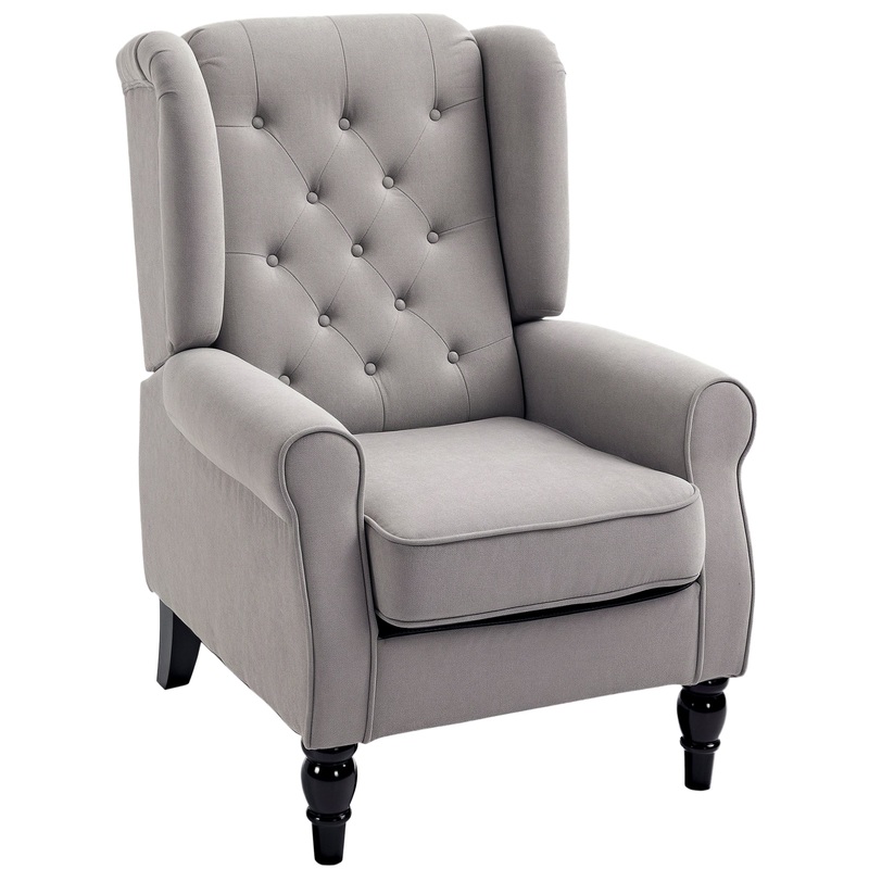 Fabric Accent Chair, Button Tufted Armchair, Modern Living Room, Wood Legs, Grey