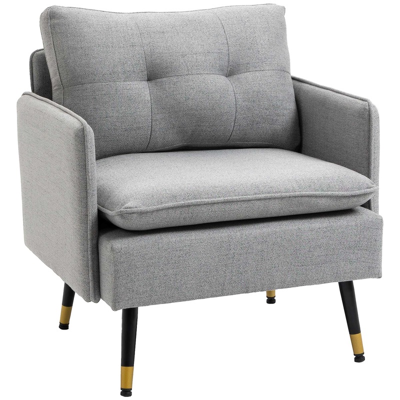 Modern Armchair, Upholstered Accent Chair with Tufted Back Cushion and Steel Legs for Living Room, Bedroom, Grey