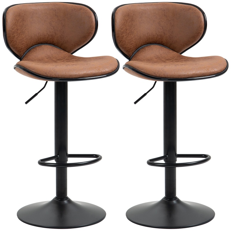 Vintage Set of 2 Adjustable Bar Stools, Swivel Seat, Brown