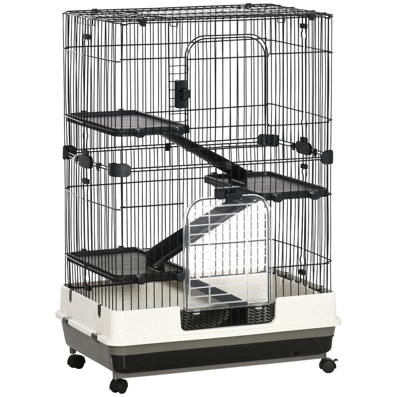 45H 4-Level Small Animal Cage Rabbit Hutch with Universal Lockable Wheels, Slide-out Tray for Bunny, Chinchillas, Ferret, Black