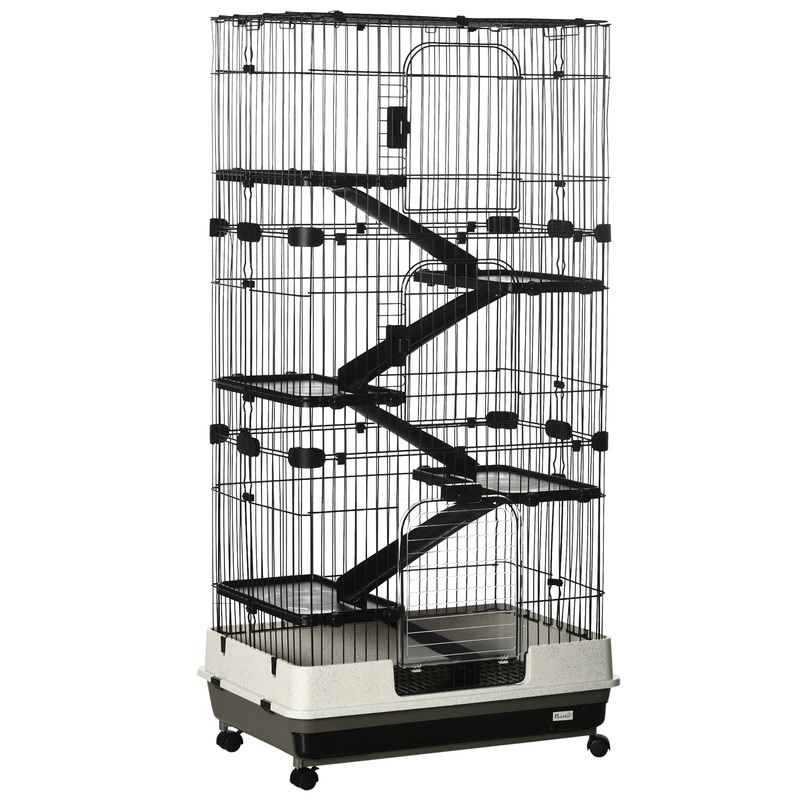 63H 6-Level Small Animal Cage Rabbit Hutch with Universal Lockable Wheels, Slide-Out Tray for Bunny, Chinchillas, Ferret, Black