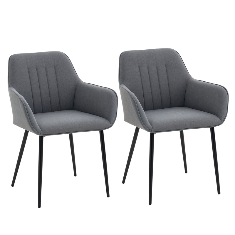 Dining Chairs Set of 2, Linen Upholstery, Metal Legs, Dark Grey