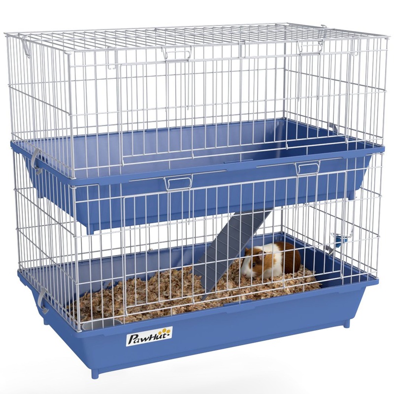 Metal Small Animal Cage, 2-Tier Guinea Pig Cage with 2 Doors, Platforms, Wide Ramp, Dish and Bottle, Deep Base, for Ferrets, Chinchillas, Bunnies, Blue
