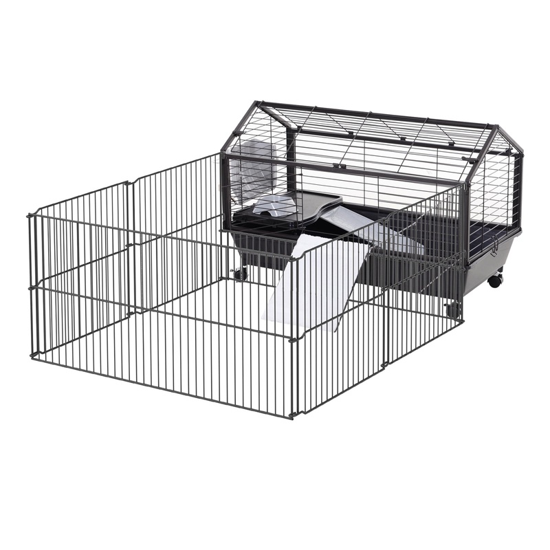 Metal Small Animal Cage, Rabbit Cage for Guinea Pig Chinchilla Hedgehog Bunny with Removable Wheels and Foldable Detachable Run Fence, 34.6 L x 50.6 W x 22 H