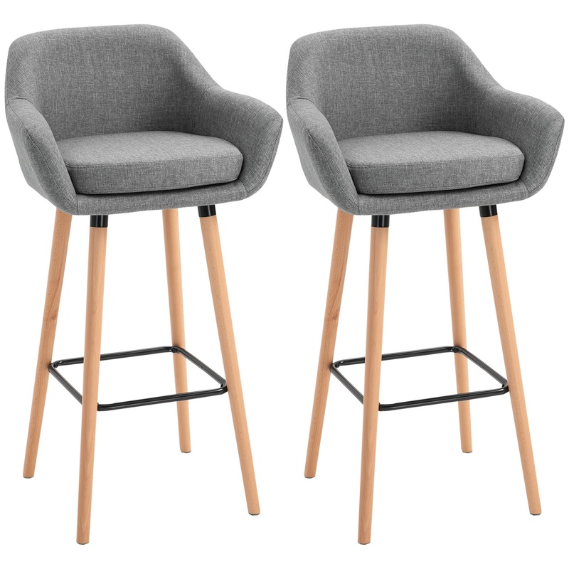 Modern Fabric Bar Stools Set of 2, Metal Frame, Wood Legs, Grey