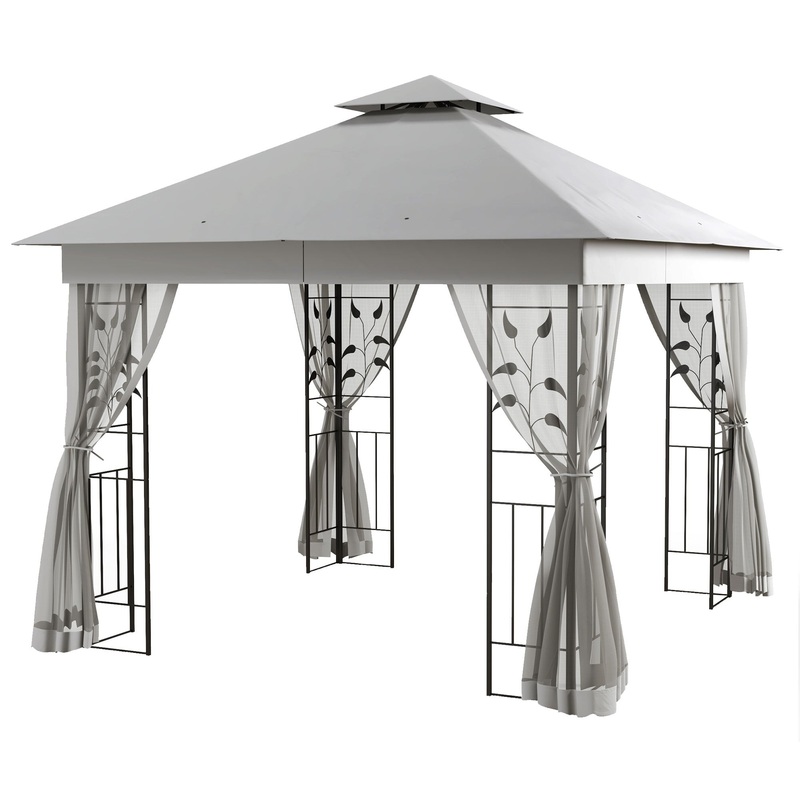 10’x10′ Soft-top Steel Patio Gazebo Outdoor Sun Shelter with 2-Tier Polyester Roof, Curtain Sidewalls, Light Grey