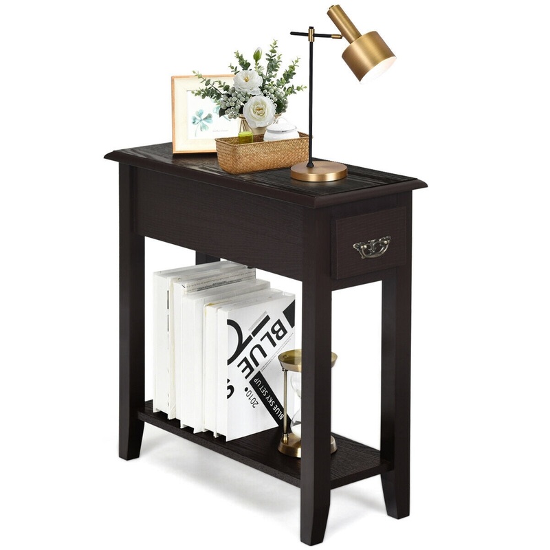 2 Tier End Bedside Sofa Side Table Narrow Nightstand, Espresso