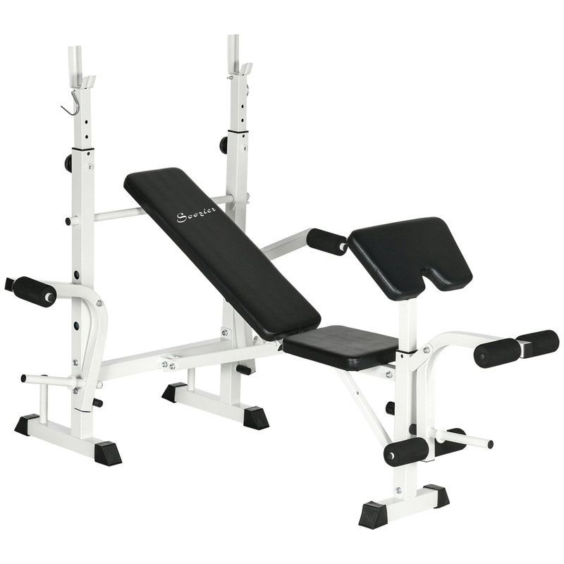 Bench Press Set Adjustable Weight Bench with Squat Rack, Preacher Curl Pad, Leg Developer and Weight Storage, White