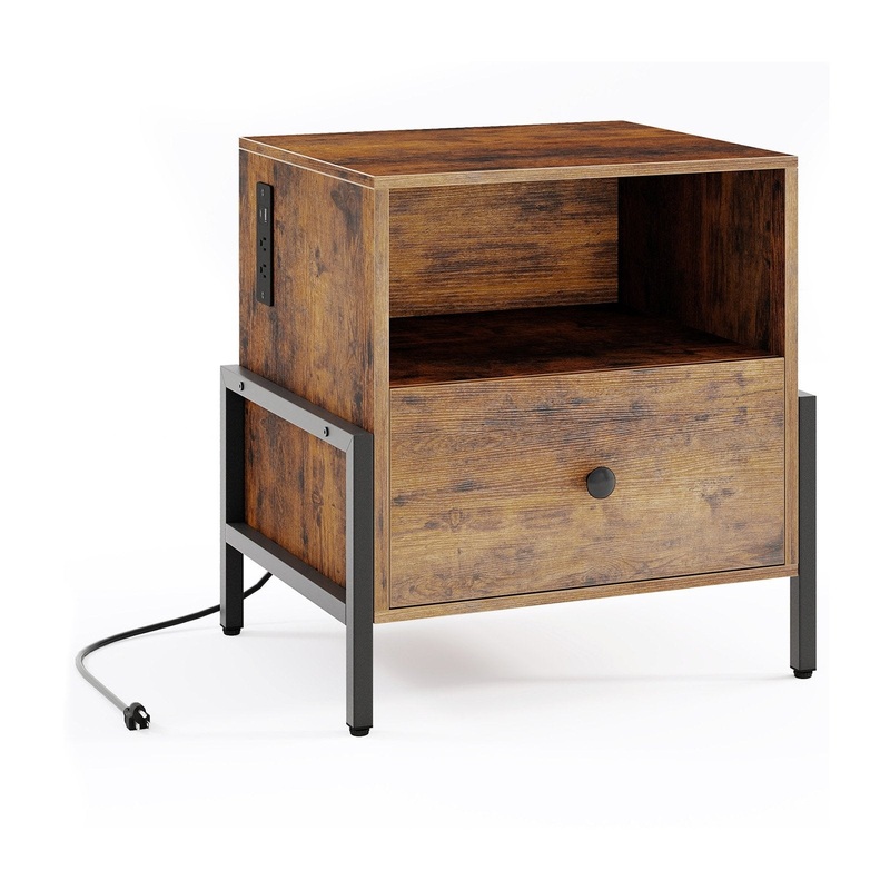 Nightstand with Charging Station and Drawer Sofa Side Table, Rustic Brown