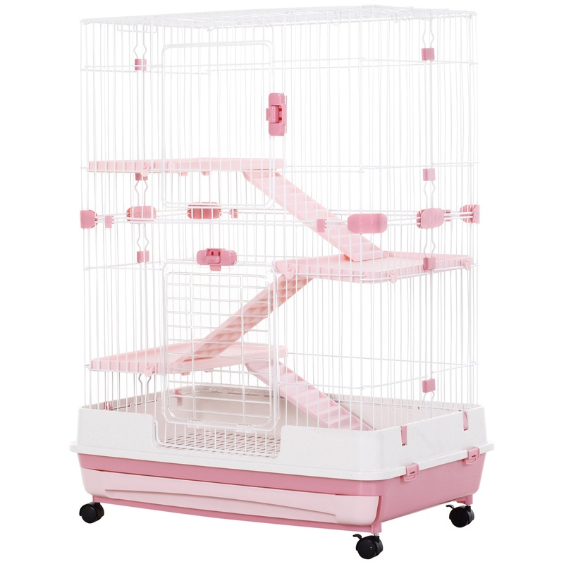 32L 4-Level Small Animal Cage with Universal Lockable Wheels, Slide-out Tray for Bunny, Chinchillas, Ferret, Pink