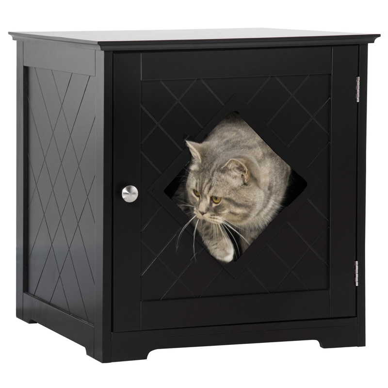 Cat Litter Box Enclosure End Table, Indoor Cat Washroom with Magnetic Door, Hidden Litter Box Nightstand with Large Tabletop, Easy Assembly, Black