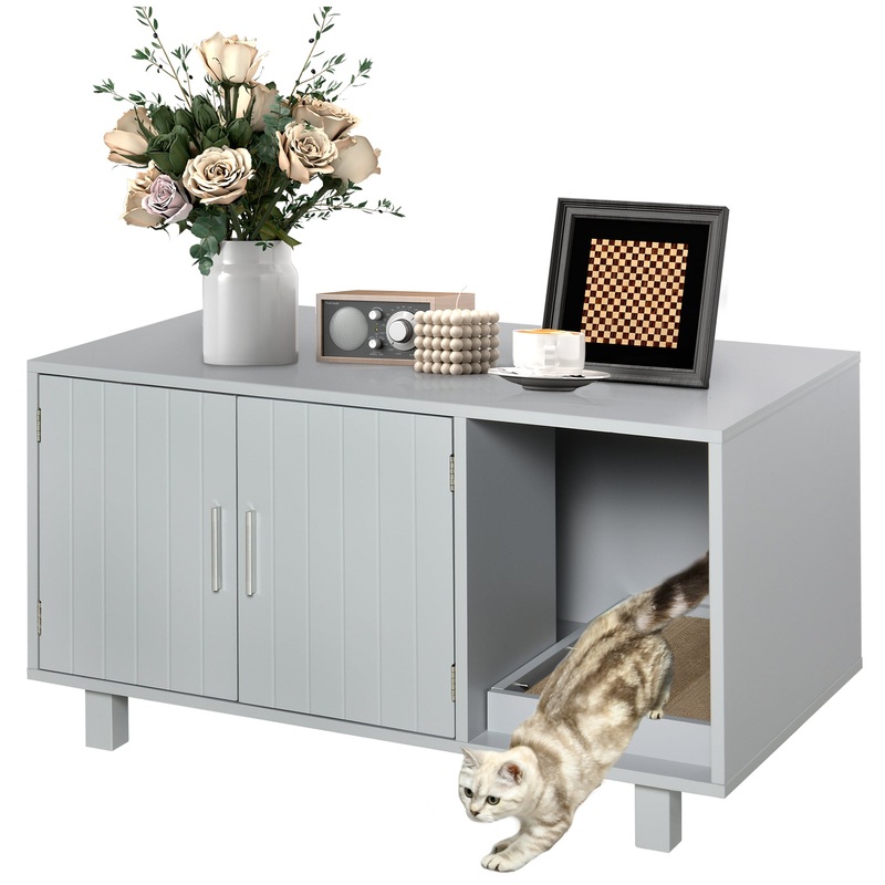 Wooden Cat Washroom Pet Litter Box Enclosure Kitten House Nightstand End Table with Scratcher Magnetic Doors Grey