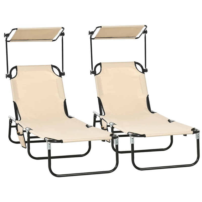 2 Piece Folding Chaise Lounges, Reclining Back, Sunshade, Pool, Beach, Patio