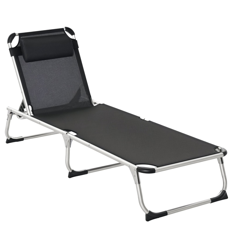 Folding Lounge Chair, Adjustable Backrest, Aluminum Frame, Black