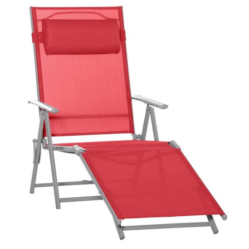 Outdoor Folding Chaise Lounge, Steel Recliner, 7 Adjustable Positions, Red