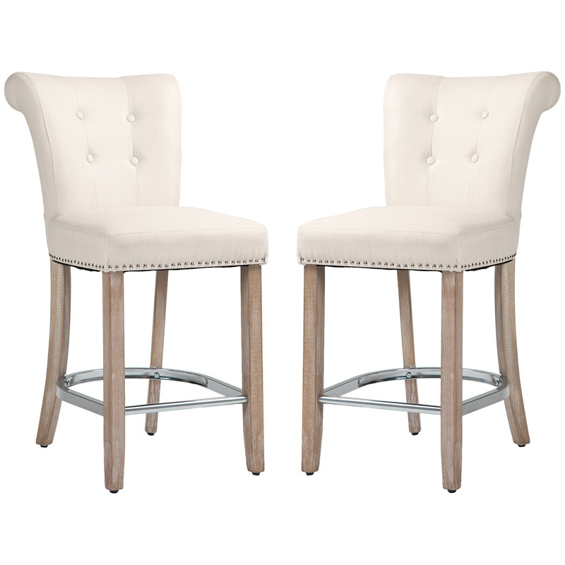 Upholstered Counter Height Bar Stools, Set of 2, Wood Legs, Cream White, Cream White