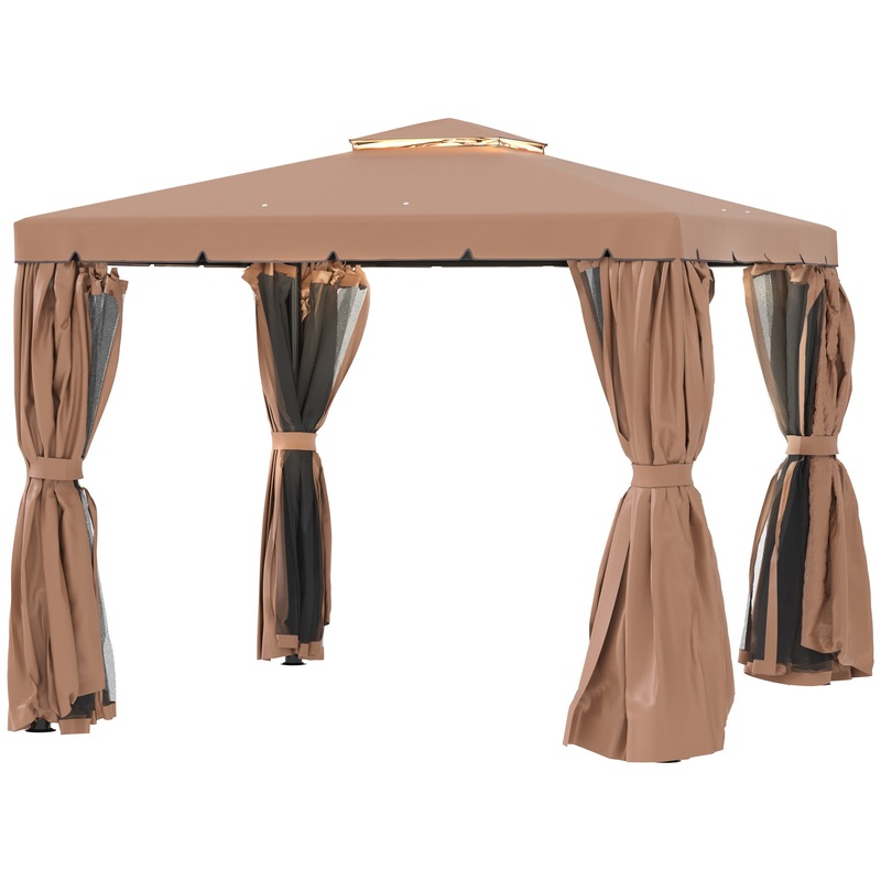 10′ x 10′ Outdoor Patio Gazebo Double Soft-top Garden Shelter Tent with Curtains, &; Mesh Screen Drapes, Brown