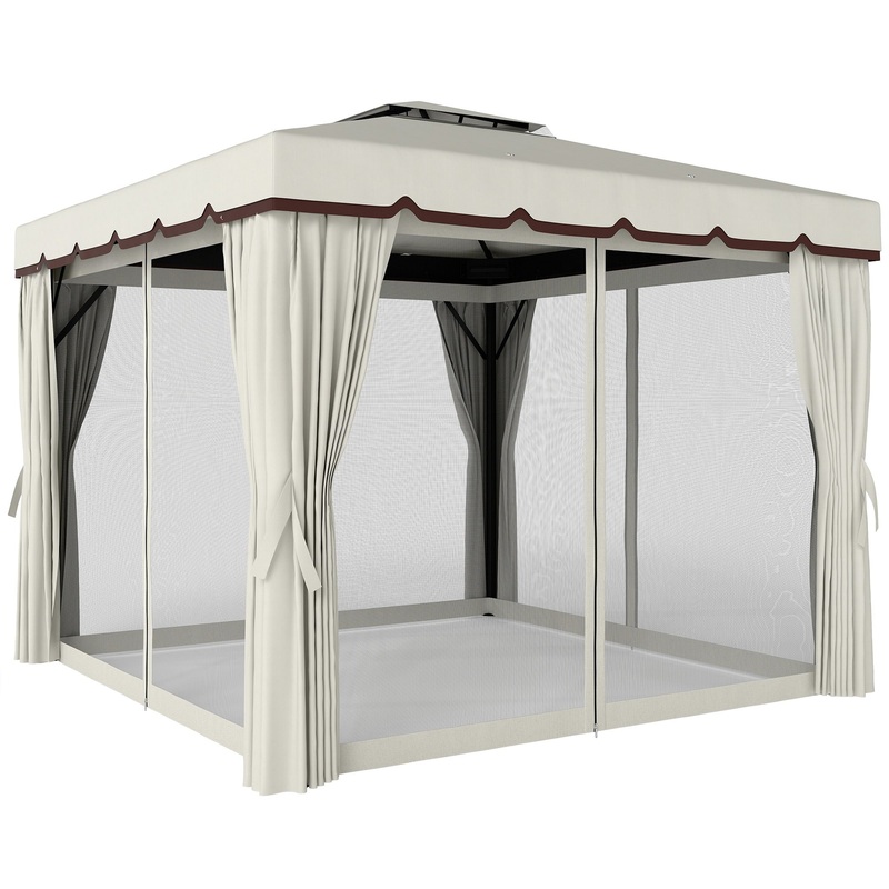 10′ x 10′ Outdoor Patio Gazebo Double Soft-top Garden Shelter Tent with Curtains, &; Mesh Screen Drapes, Cream White