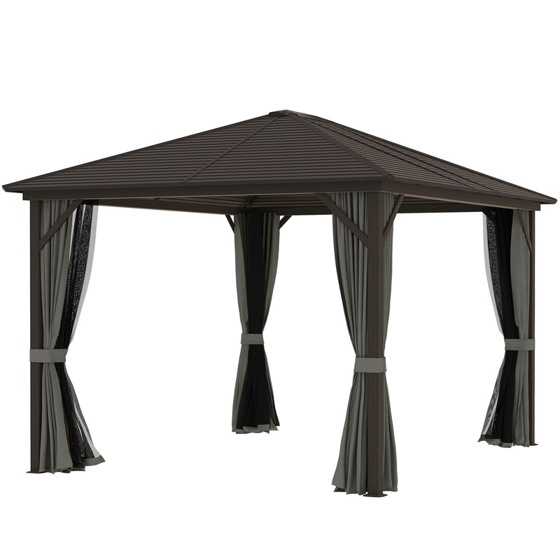 10′ x 12′ Deluxe Hardtop Gazebo with Metal Roof, Aluminum Frame Patio Gazebo Garden Sun Shelter Outdoor Pavilion with Curtains and Netting, Grey