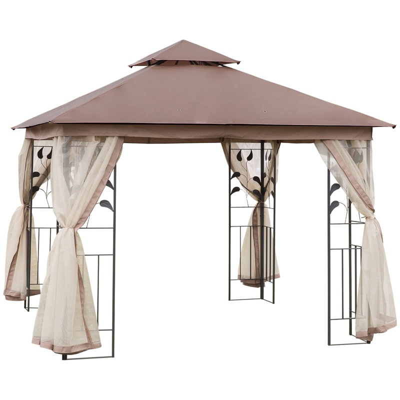 10’x10′ Soft-top Steel Patio Gazebo Outdoor Sun Shelter with 2-Tier Polyester Roof, Curtain Sidewalls, Brown