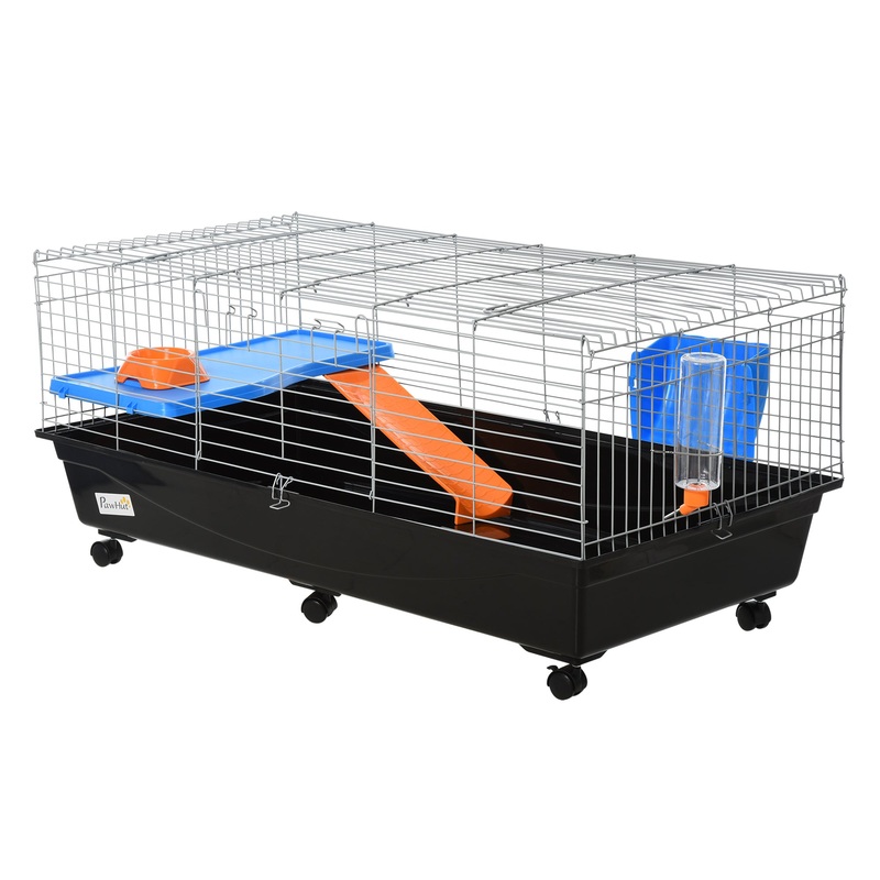 47 Small Animal Cage, Rolling Guinea Pig Cage with Food Dish, Water Bottle, Hay Feeder, Platform, Ramp, Black