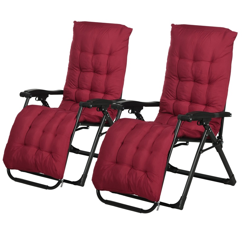 Folding Garden Chairs Set of 2, Reclining Zero Gravity Chair, Sun Lounger with Cushion and Headrest, Wine Red