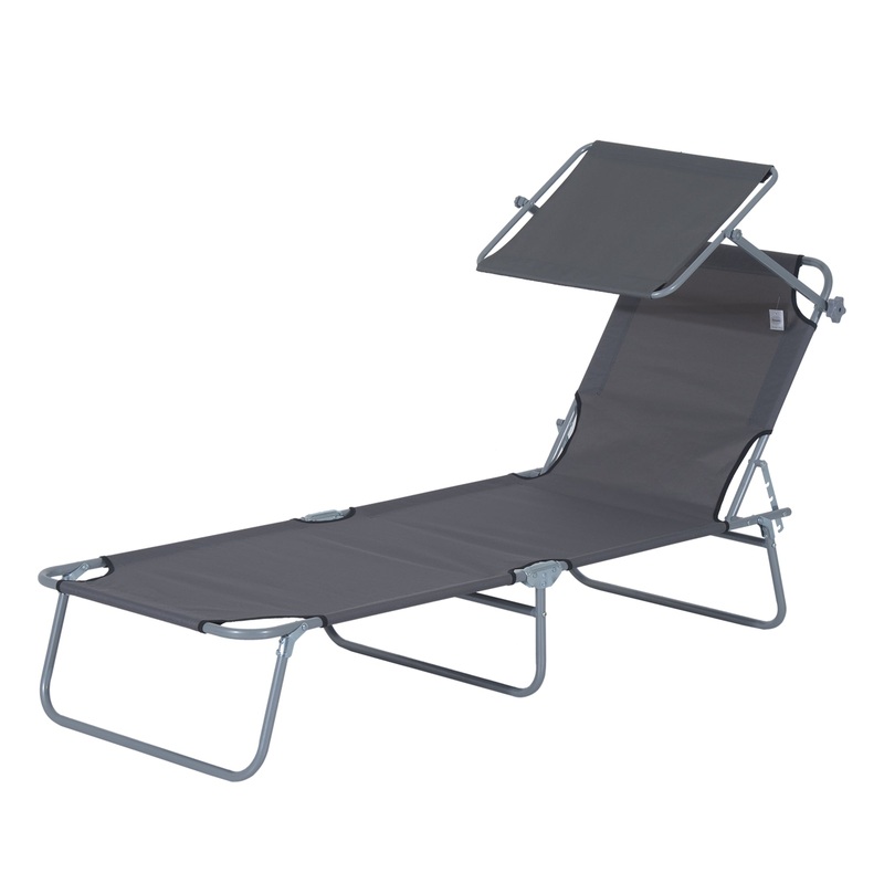 Outdoor Lounge Chair, Adjustable Folding Chaise, Tanning Chair with Shade, Grey